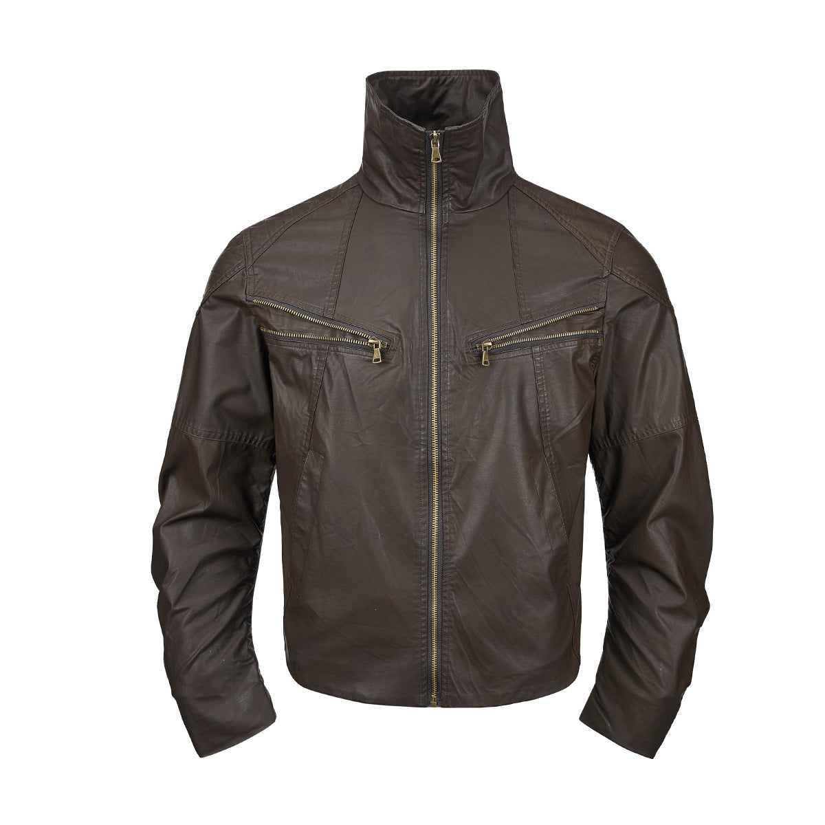 Veste motard homme en similicuir, col cheminée montant et poches poitrine zippées en biais, marron café