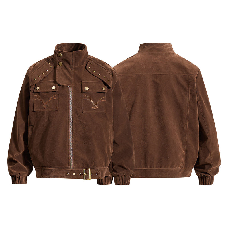 Bomber Jacket Men's Retro Suede Stand-Collar Moto Jacket with Brass Studs & Belt