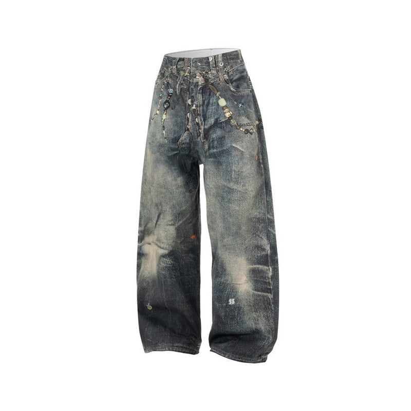 Wide-Leg Jeans with Chain & Bead Embellishments – Vintage Dirty-Wash Punk Denim