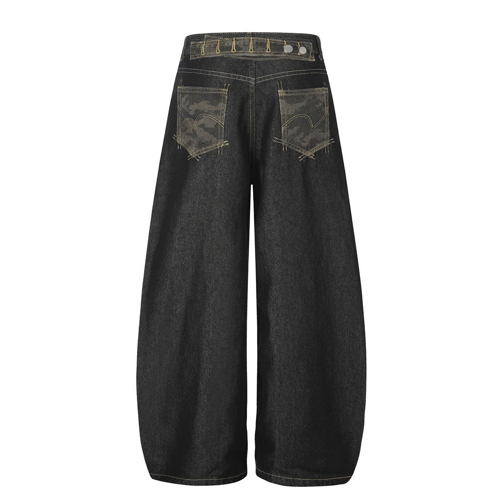 Wide-Leg Barrel Jeans – Dark Black Denim with Camo Pocket & Embroidered Graphic