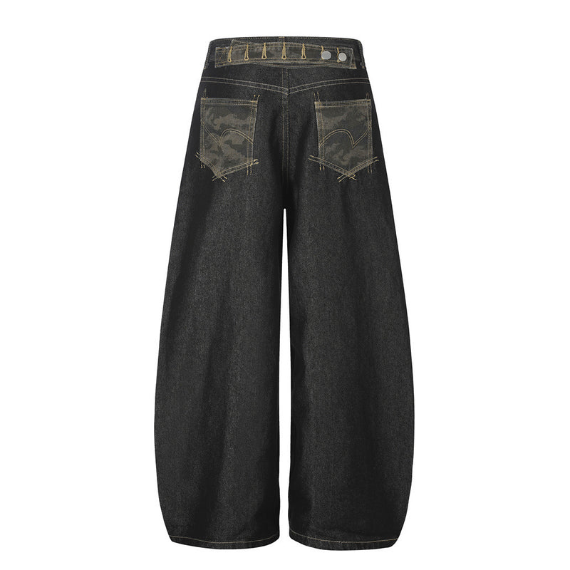 Wide-Leg Barrel Jeans – Dark Black Denim with Camo Pocket & Embroidered Graphic