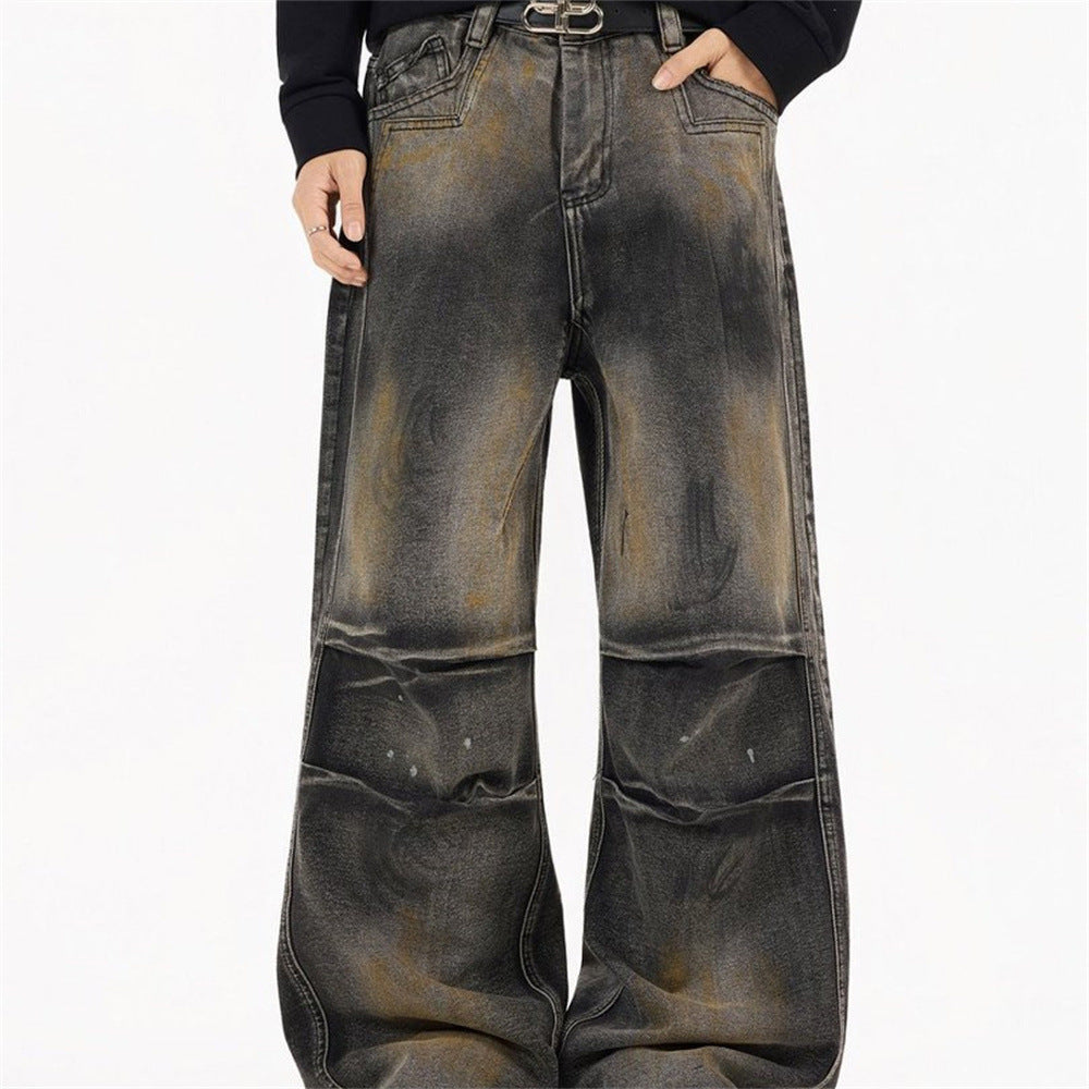 Distressed Baggy Wide-Leg Jeans – Men's Punk Washed Straight-Cut Denim with