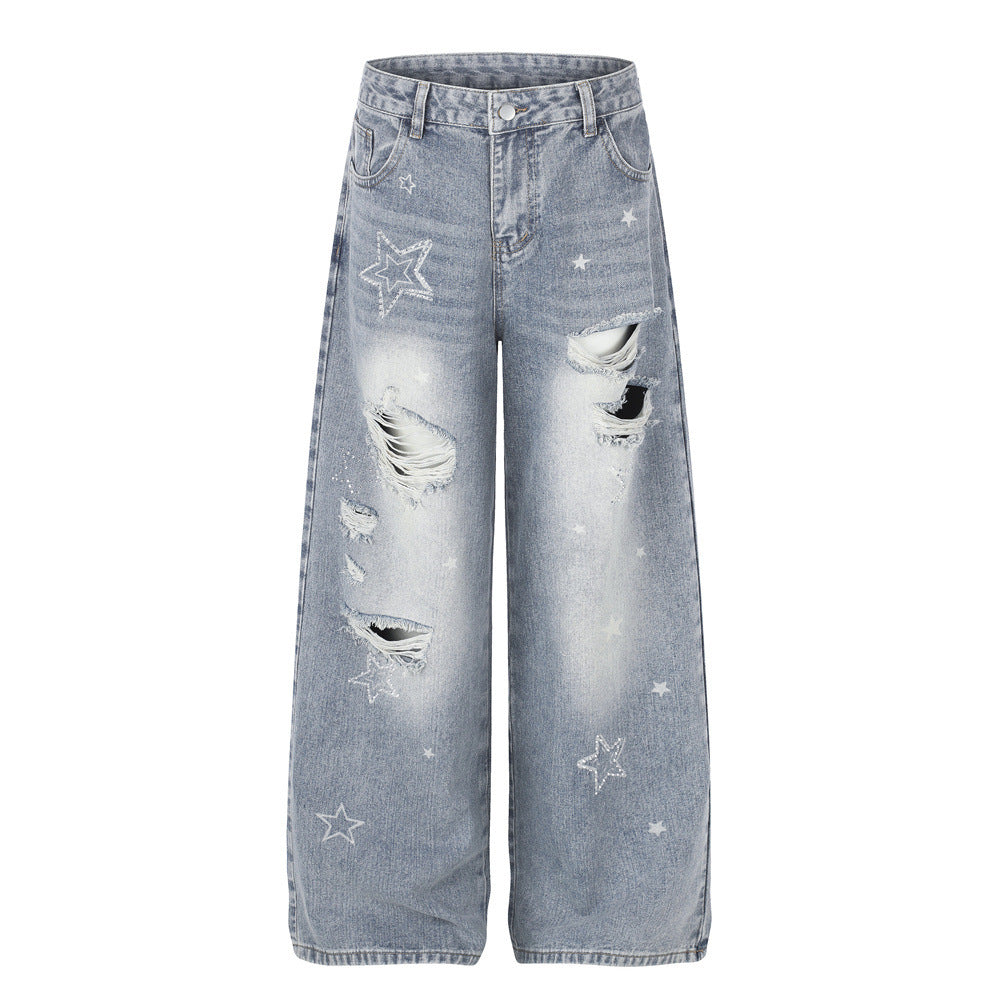 Star Embroidered Distressed Wide-Leg Jeans – Washed Baggy Denim with Ripped Knee
