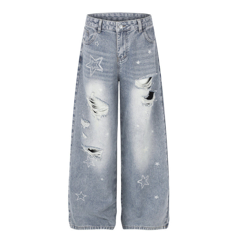 Star Embroidered Distressed Wide-Leg Jeans – Washed Baggy Denim with Ripped Knee