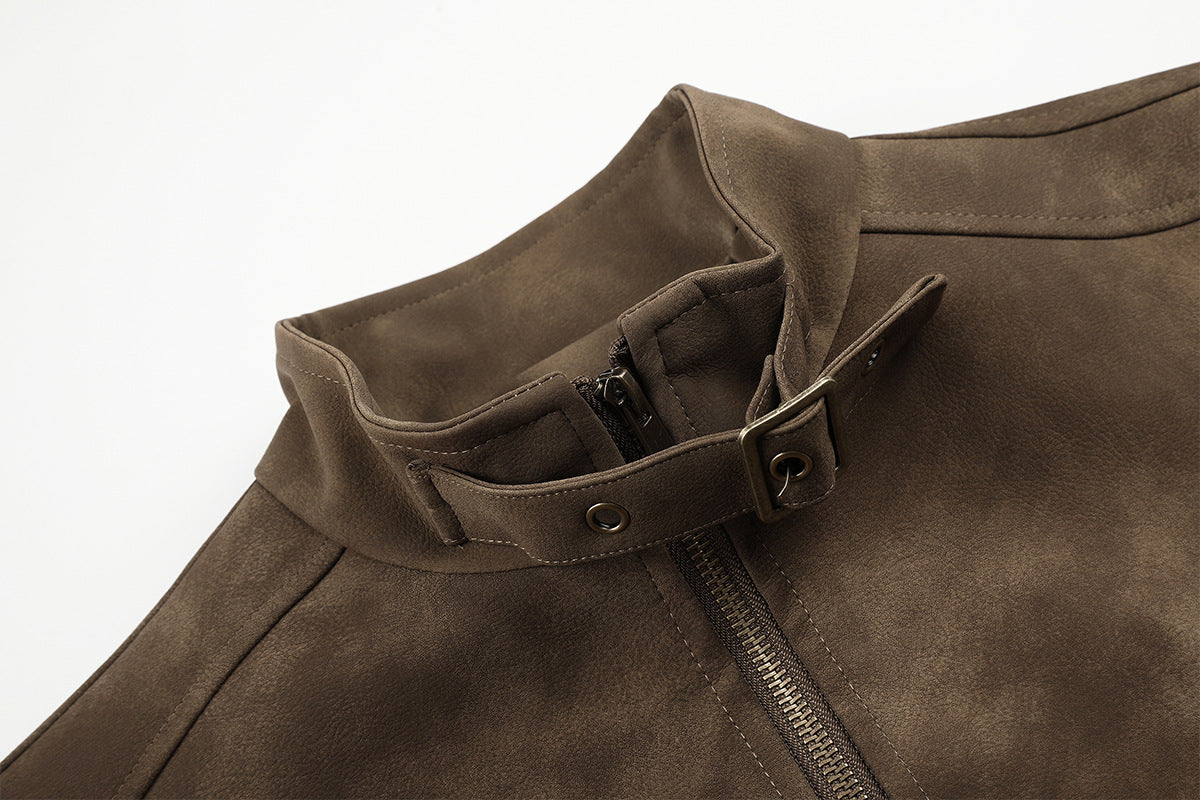 Cropped PU Suede Jacket with Military Metal Buttons & Stand Collar