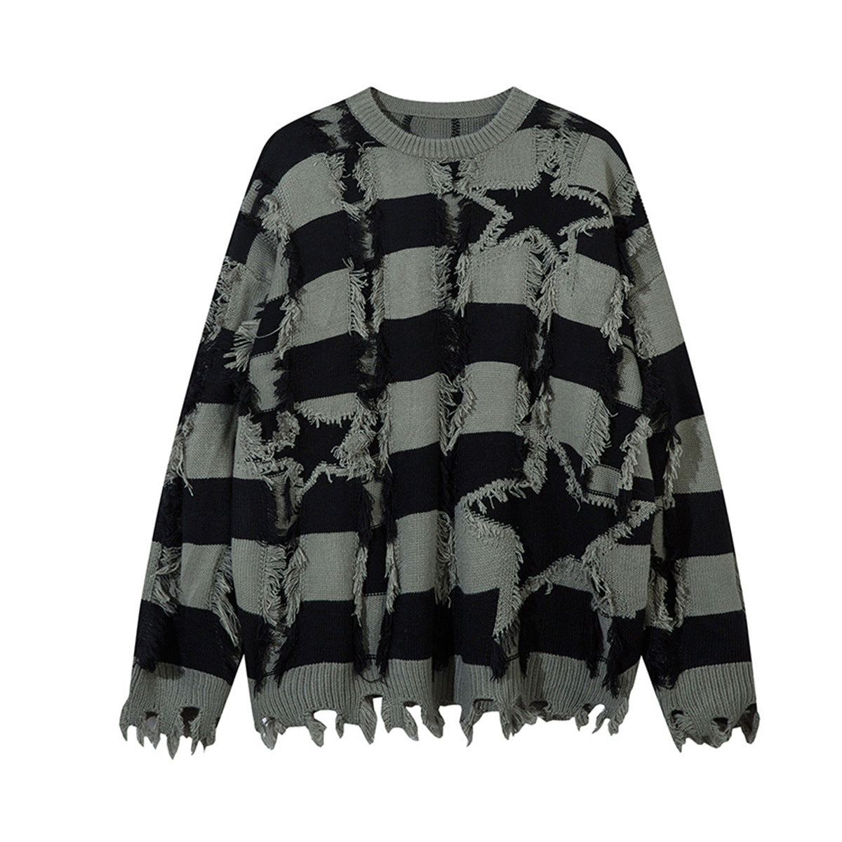 Pull oversize en maille rayée à étoiles délavée – Col rond à franges