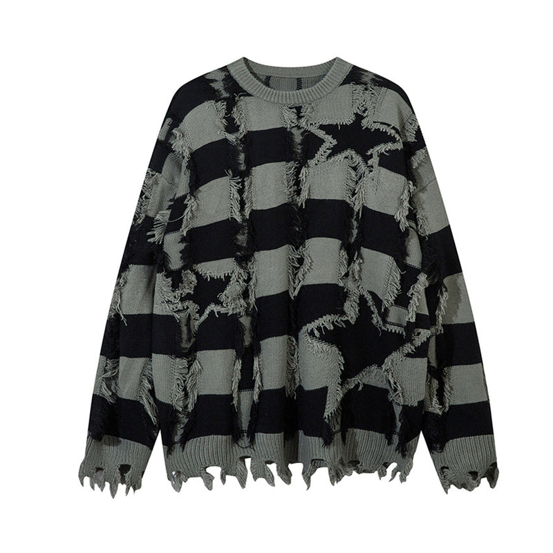 Pull oversize en maille rayée à étoiles délavée – Col rond à franges