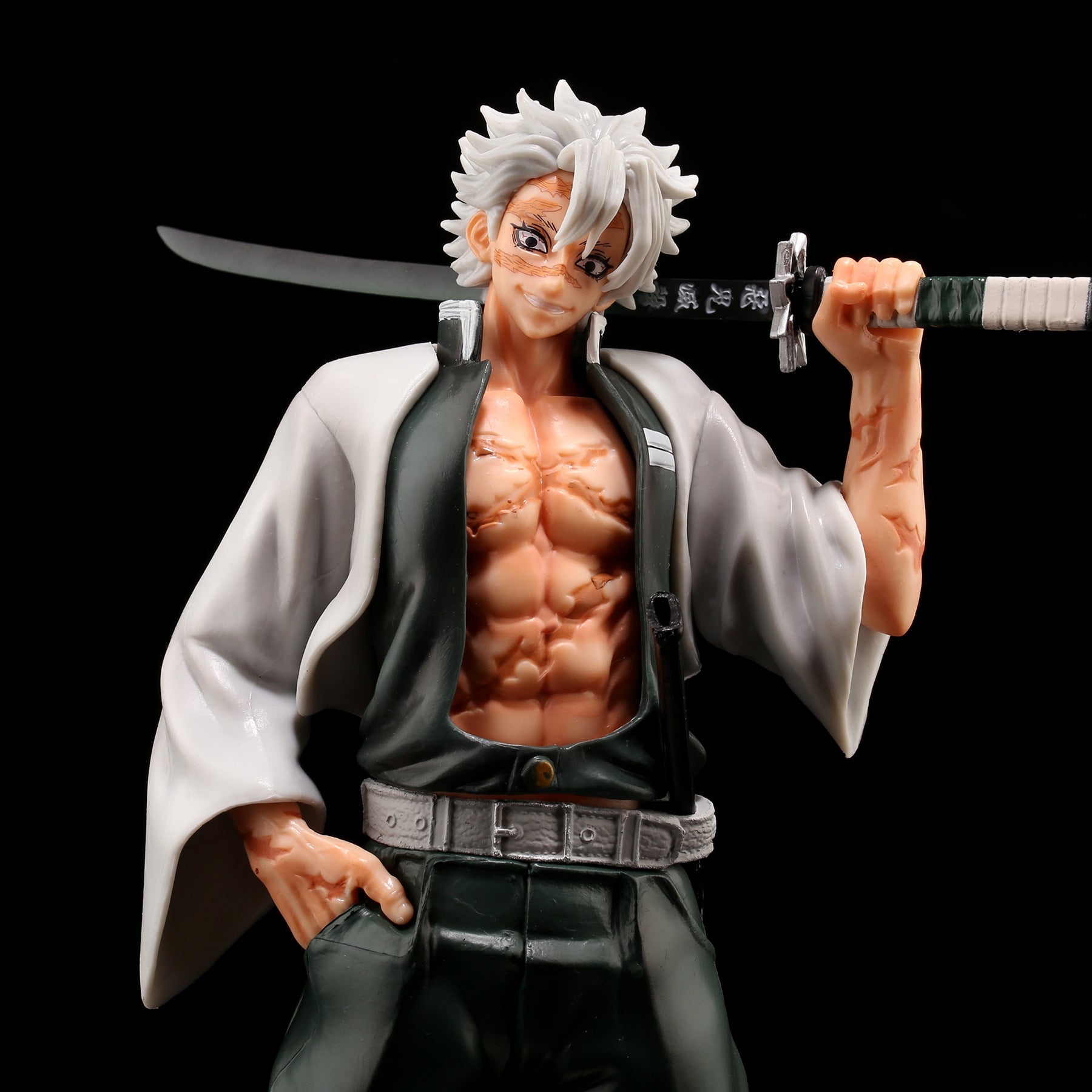 The Shinjuro Rengoku Demon Slayer PVC Figure is a 29cm high-quality collectible, showcasing an anime-style muscular character with spiky gray hair. An open kimono reveals his scarred torso as he confidently holds a katana over his shoulder against a plain black background.