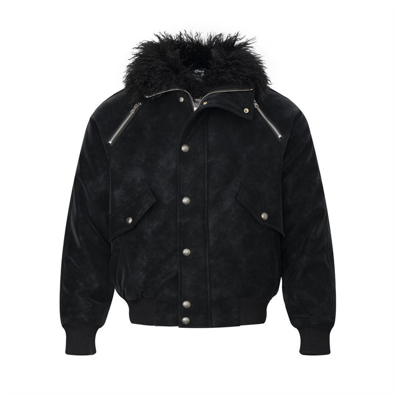 Men's Suede Bomber Jacket with Mongolian Fur Collar, Black Distressed PU Leather