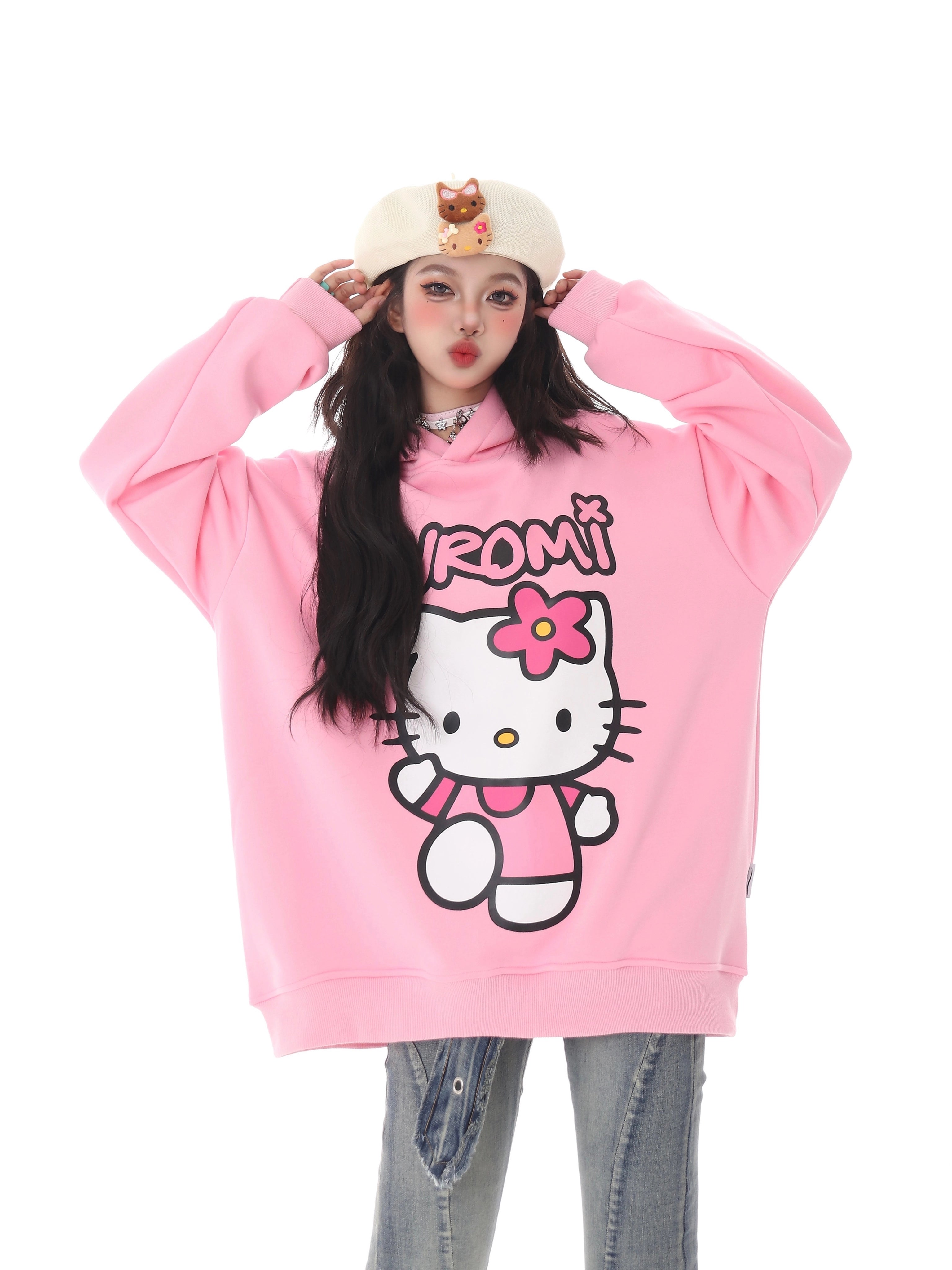 Kawaii Hello Kitty Oversized Hoodie – Cute Pastel Anime Pullover for Casual Wear