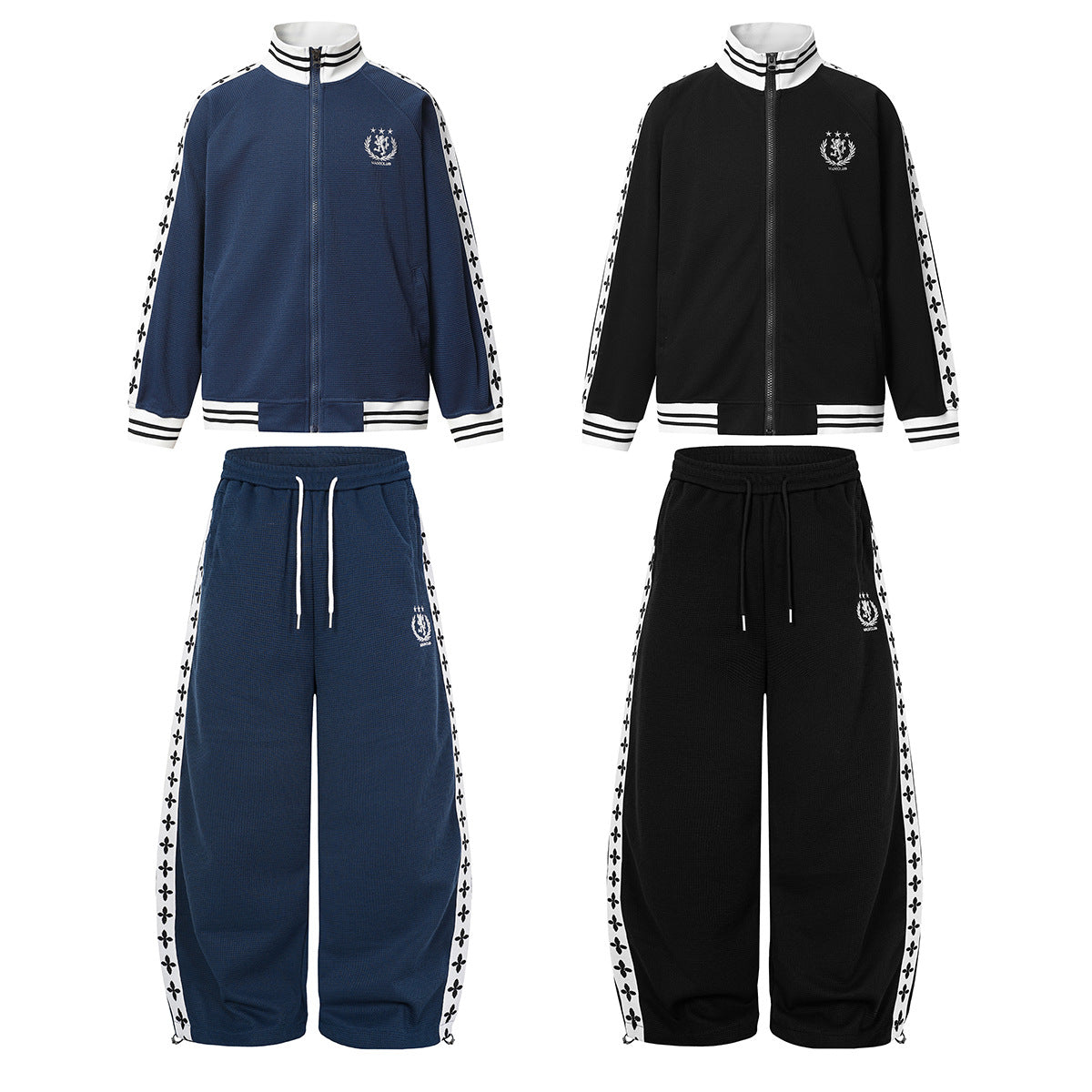 Retro-Trainingsjacke mit Reißverschluss und Sweatpants mit weitem Bein als Set in Navy und Schwarz, mit Fleur-de-Lis-Seitenstreifen und gesticktem Wappen-Logo