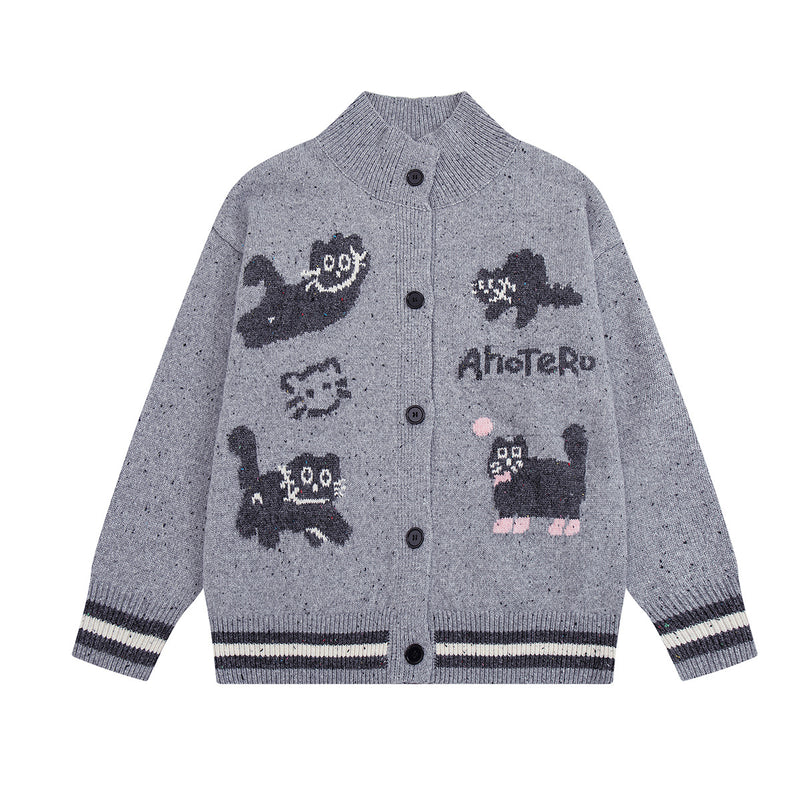 Cartoon Cat Jacquard Knit Cardigan Sweater – Varsity-Trim Button-Up