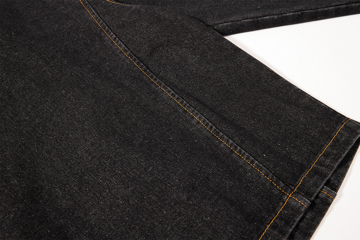 Military-Style Washed Denim Jacket – Stand Collar, Double-Breasted Button Detail