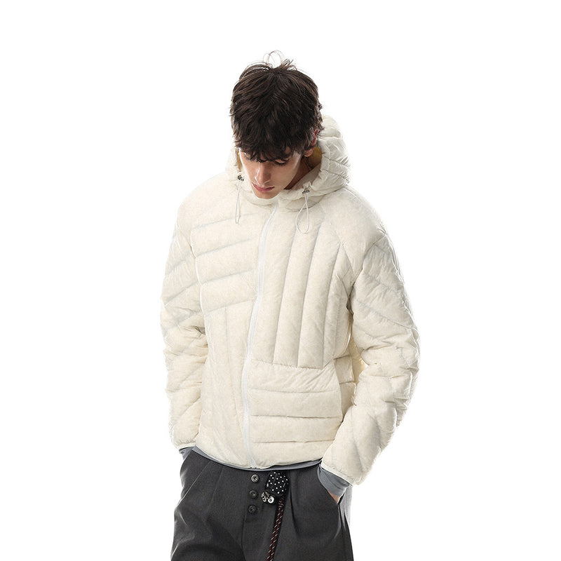 Men's Hooded Puffer Jacket – Irregular Quilted Stitch Design, Ivory & Black