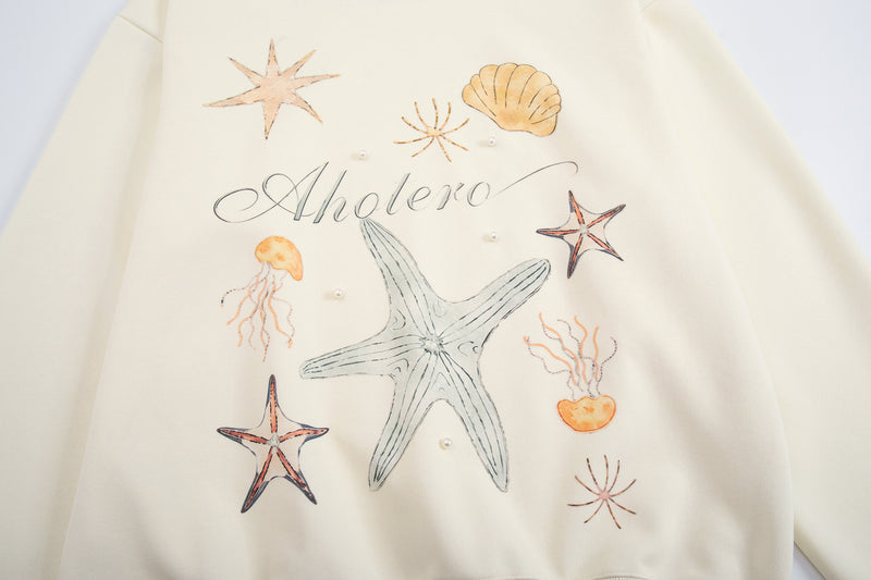 Oversized Hoodie mit Ozean-Seestern- & Muschel-Grafikprint