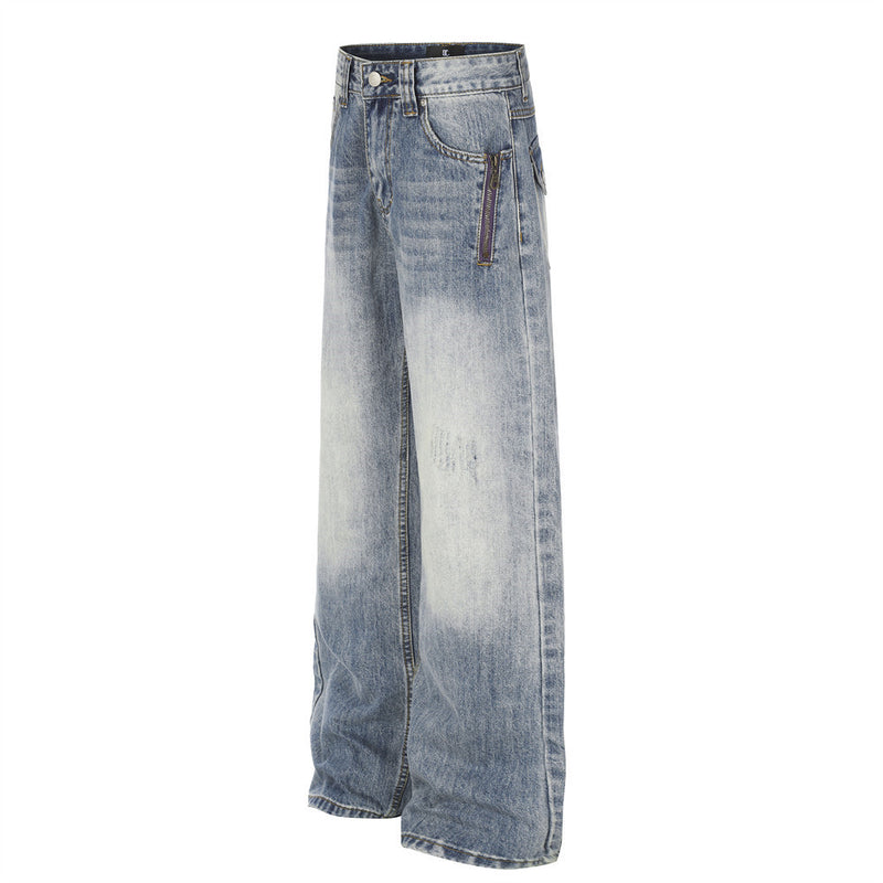 Jean baggy à jambes larges – Denim bleu délavé homme, coupe droite avec poche zippée