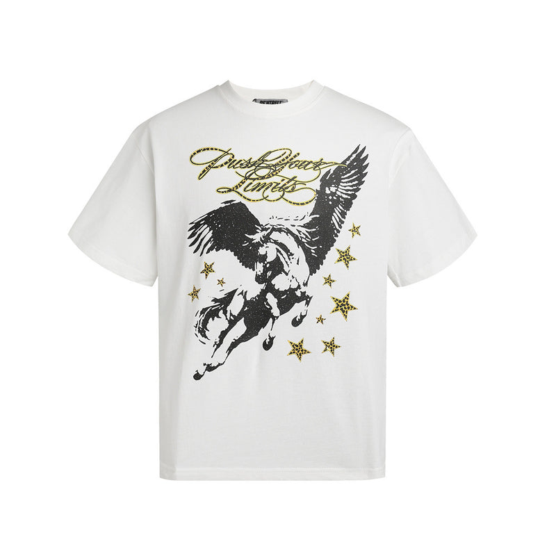 Men's oversized white graphic tee with Pegasus wings and gold star print, front view