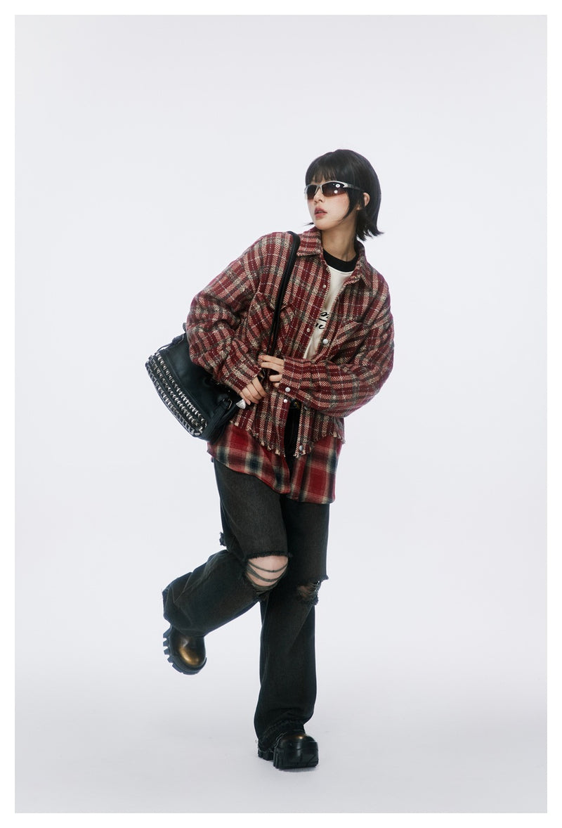 Vintage Plaid Patchwork Fringe Jacket – Oversized Unisex Overshirt