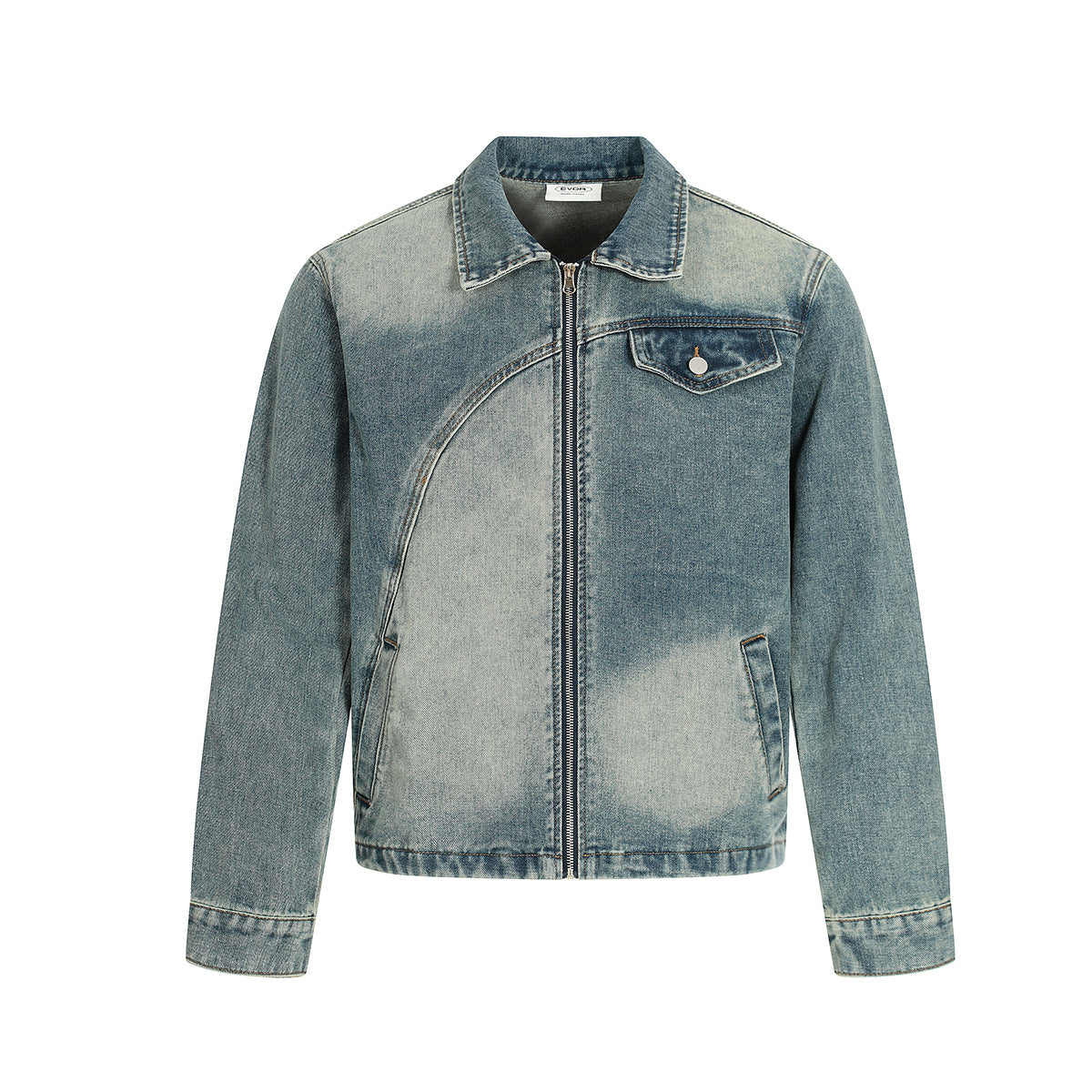 Boxy light wash zip-up denim jacket with distressed sand-wash finish, curved panel seaming, chest pocket, and snap cuffs – fr