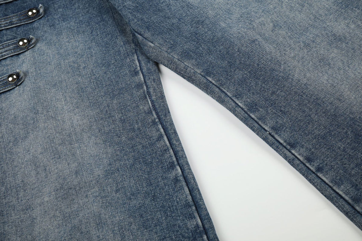 Wide-Leg Baggy Jeans – Light Blue Washed Denim with Metal Stud & Pintuck Detail