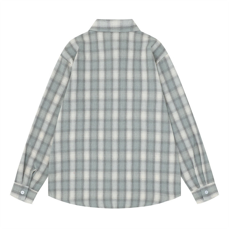 Back view of a light gray plaid long sleeve shirt with button cuffs and curved hem