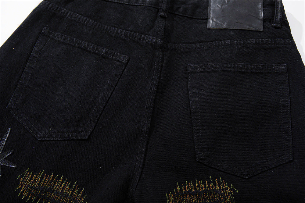 Wide-Leg Jeans with Chaotic Needle Embroidery & Star Patches