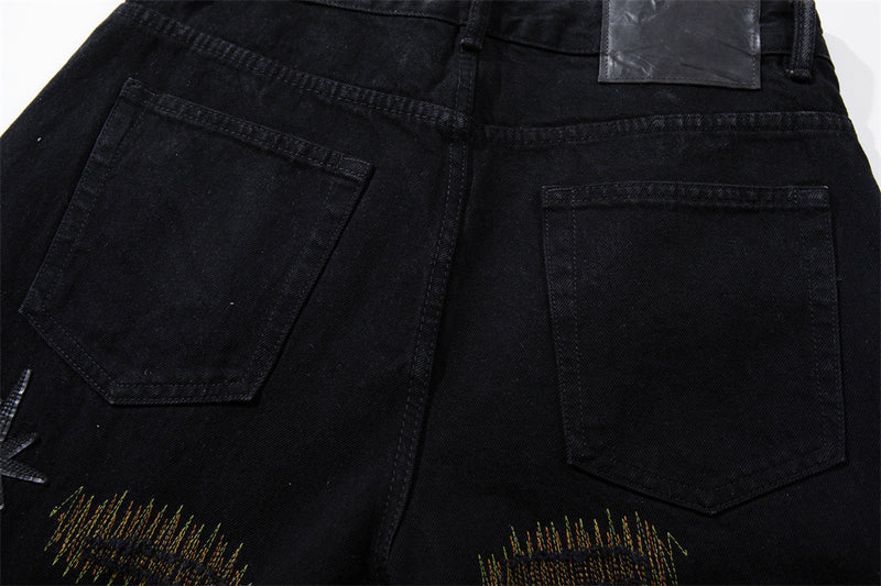 Wide-Leg Jeans with Chaotic Needle Embroidery & Star Patches
