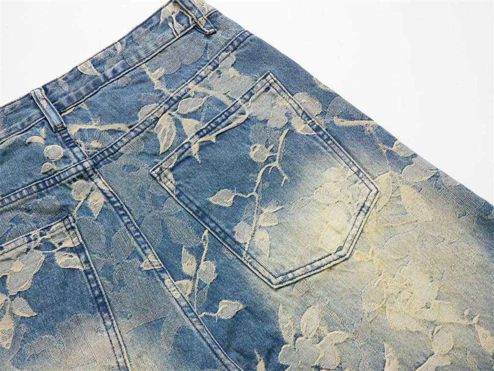 Floral Jacquard Wide-Leg Jeans – Vintage Washed Baggy Denim with Raised Flower