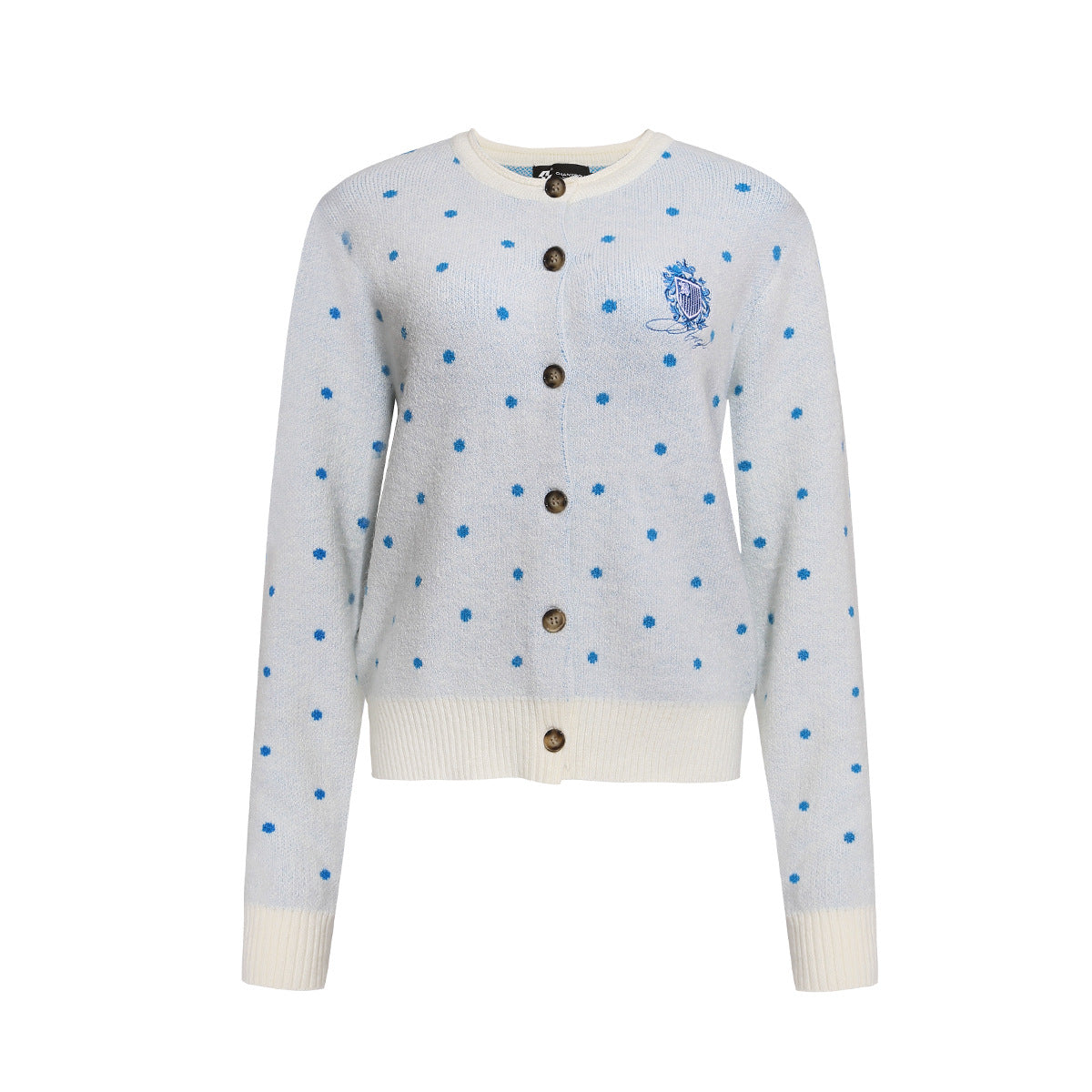Cropped polka dot knit cardigan in light blue with blue dots, button-front closure and embroidered crest badge
