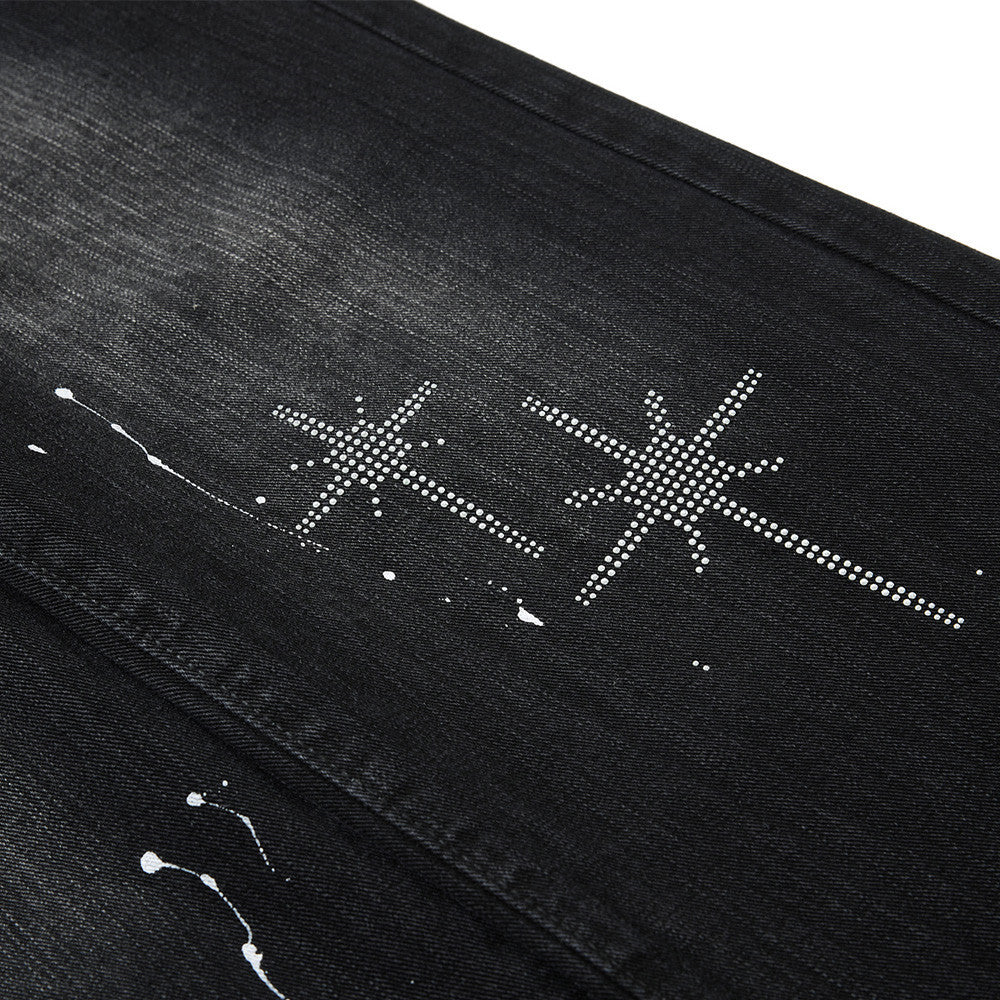 Wide-Leg Jeans Men – Washed Denim, Rhinestone Cross & Paint Splatter Detail