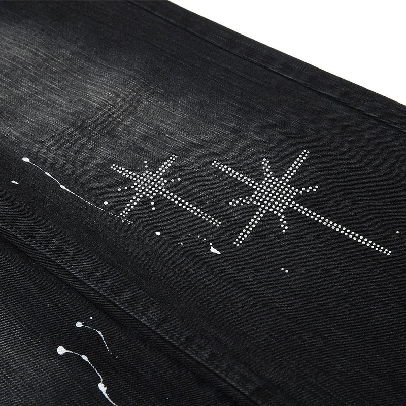 Wide-Leg Jeans Men – Washed Denim, Rhinestone Cross & Paint Splatter Detail