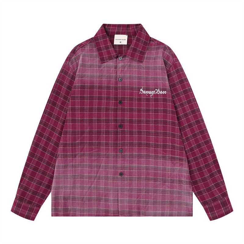 Oversized vintage washed plaid long sleeve button-up shirt with embroidered logo in burgundy red colorway