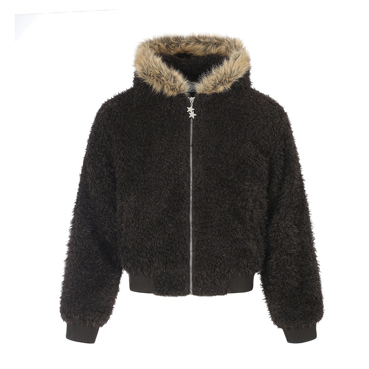 Blouson bomber à capuche en sherpa douillet, capuche bordée de fausse fourrure et tirette de zip étoile, noir anthracite