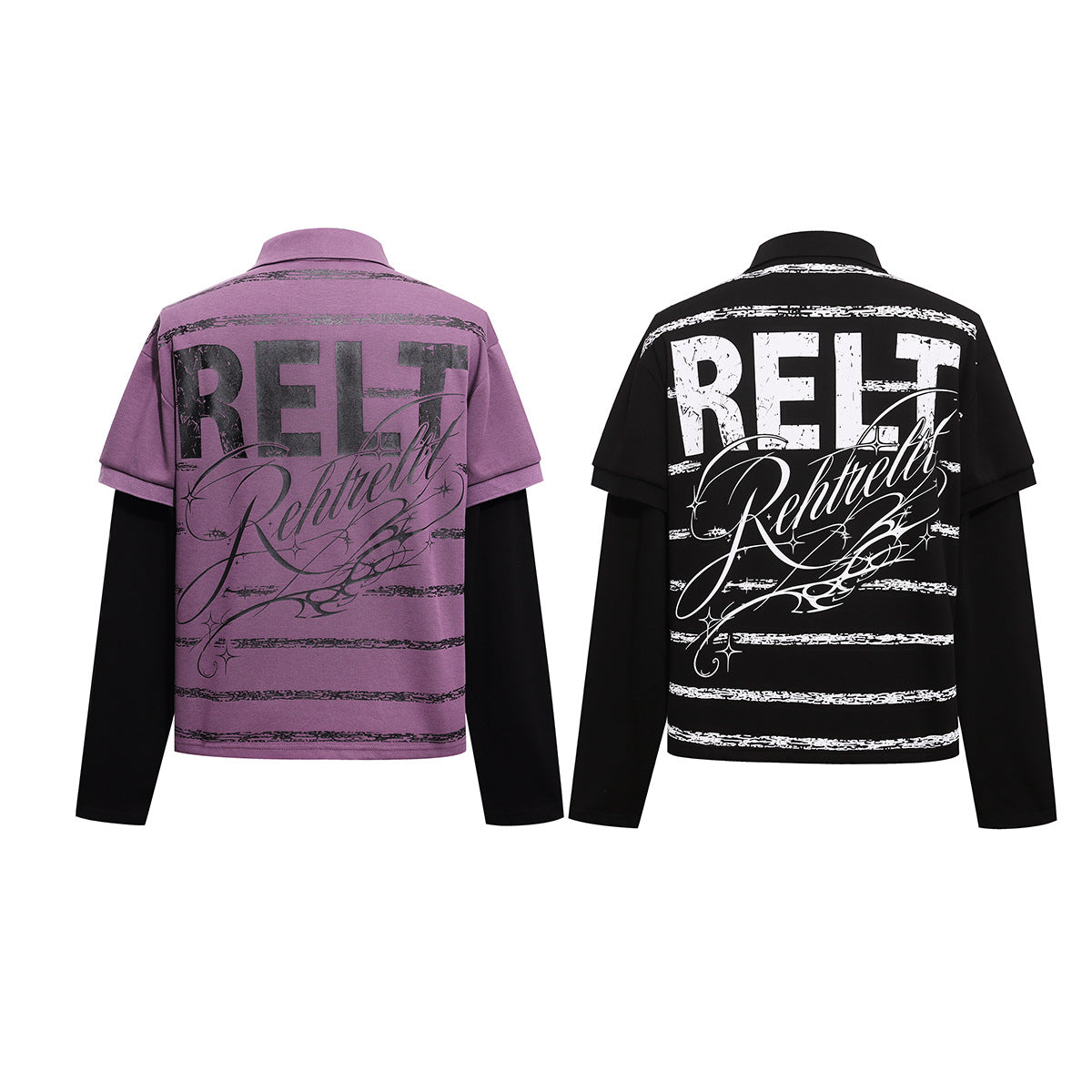 Rehtrelt Faux Two-Piece Long Sleeve Polo Shirt – Crest Graphic Hip-Hop Top