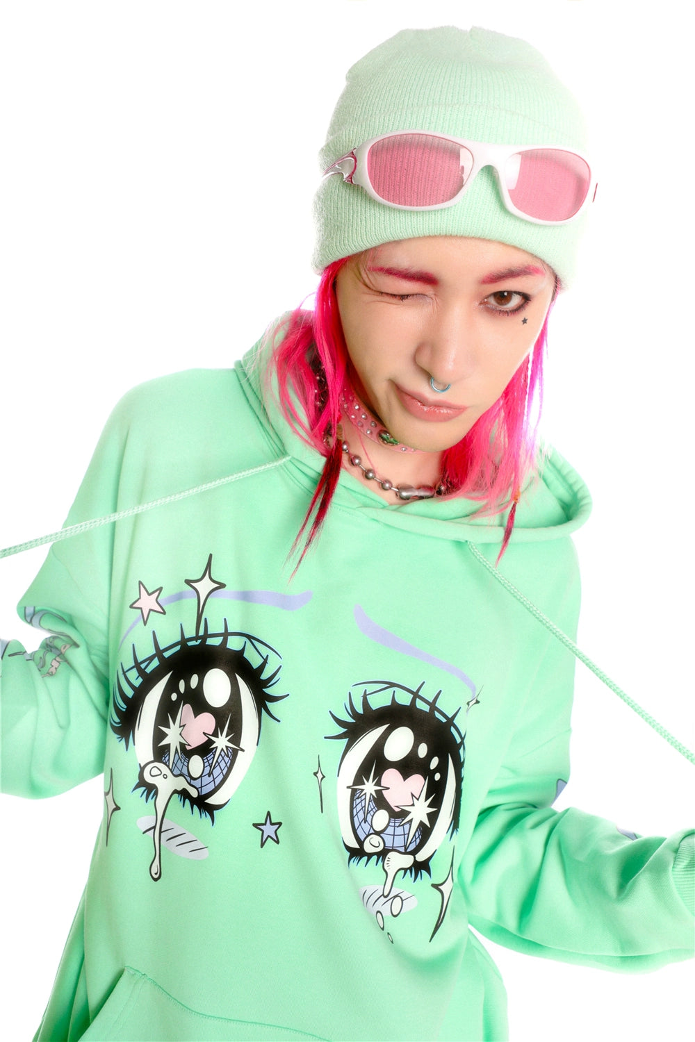 Kawaii Aesthetic Crying Eyes Hoodie – Pastel &amp; Dark Anime Pullover with Sleeve Graphics