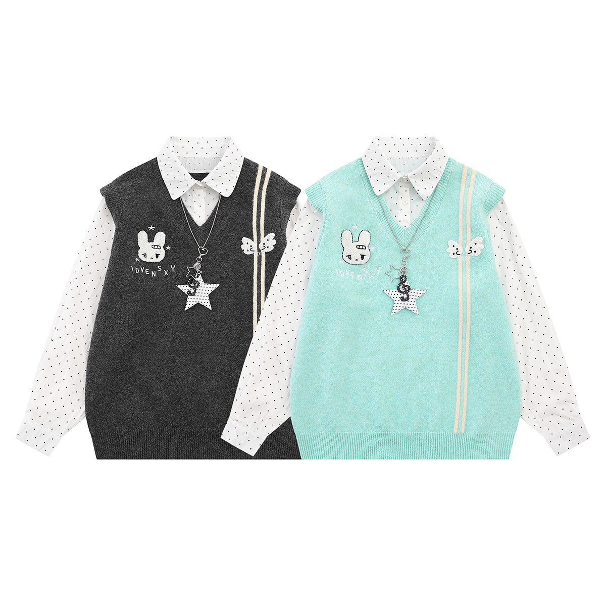 Sweater Faux Two-Piece Knit Vest with Polka Dot Shirt Collar & Bunny Embroidery