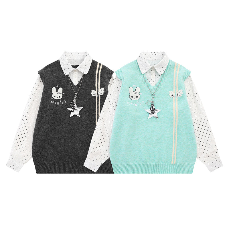 Sweater Faux Two-Piece Knit Vest with Polka Dot Shirt Collar & Bunny Embroidery