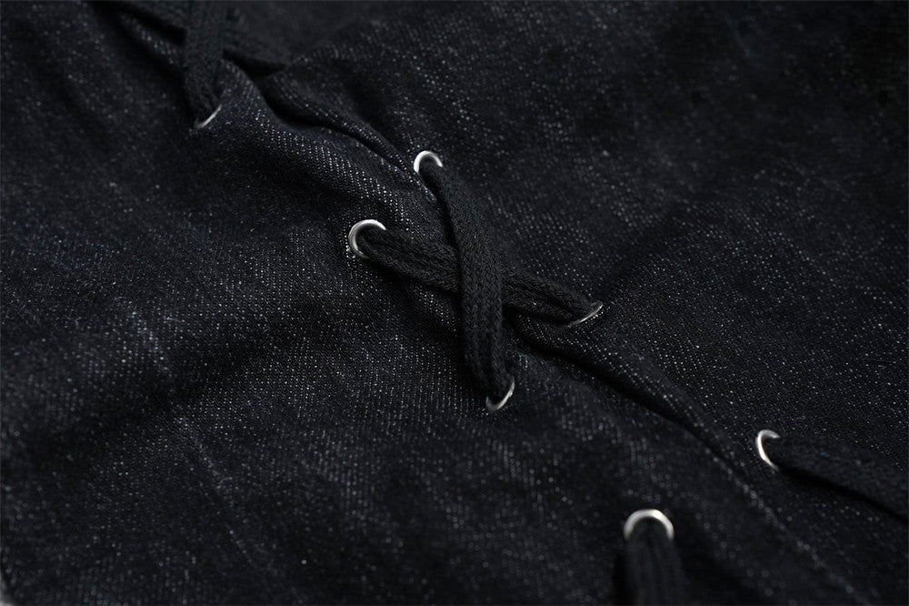 Gothic Buckle Strap Flare Jeans – Men's Washed Black Distressed Denim