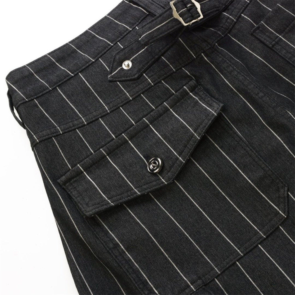 Wide-Leg Pinstripe Cargo Pants – Oversized Silhouette with Irregular Pockets