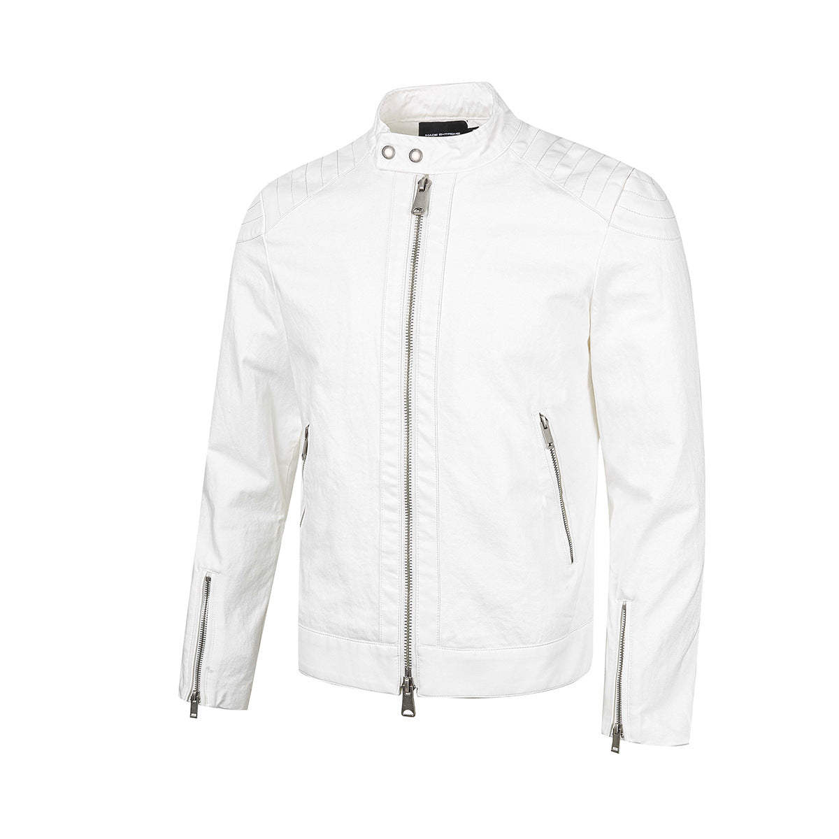 Men's Moto Biker Jacket with Leather Trim, Stand Collar & Zip Detail
