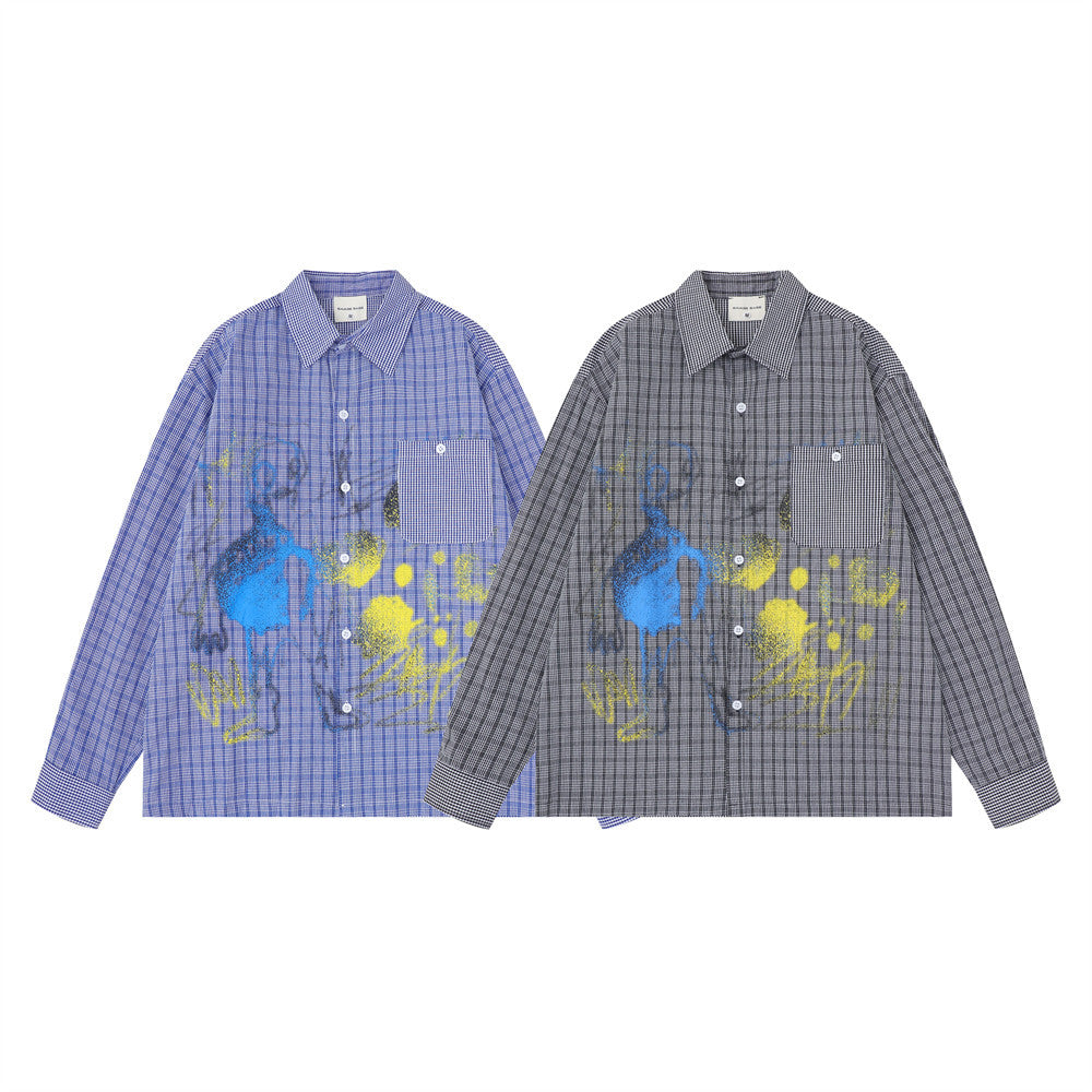 Graffiti Paint Splatter Plaid Long Sleeve Shirt – Oversized Fit