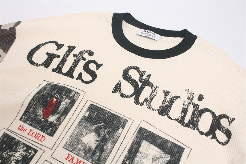 Long Sleeve Graphic Shirt – Waffle Knit Body with Camo Sleeves & Glfs Studios