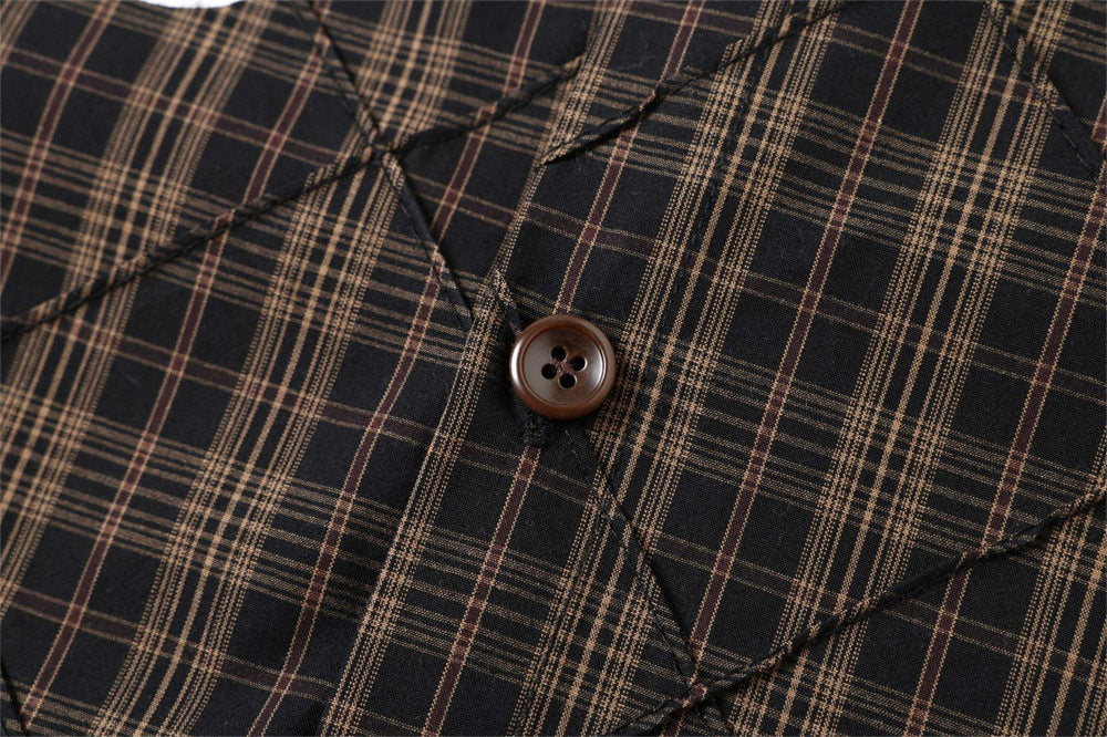 Quilted Plaid Layered-Sleeve Shirt Jacket with Graphic Print