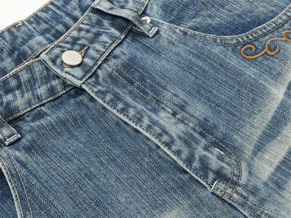 Light Blue Baggy Jeans Men – Vintage Wash Wide-Leg Denim with Punk Embroidery