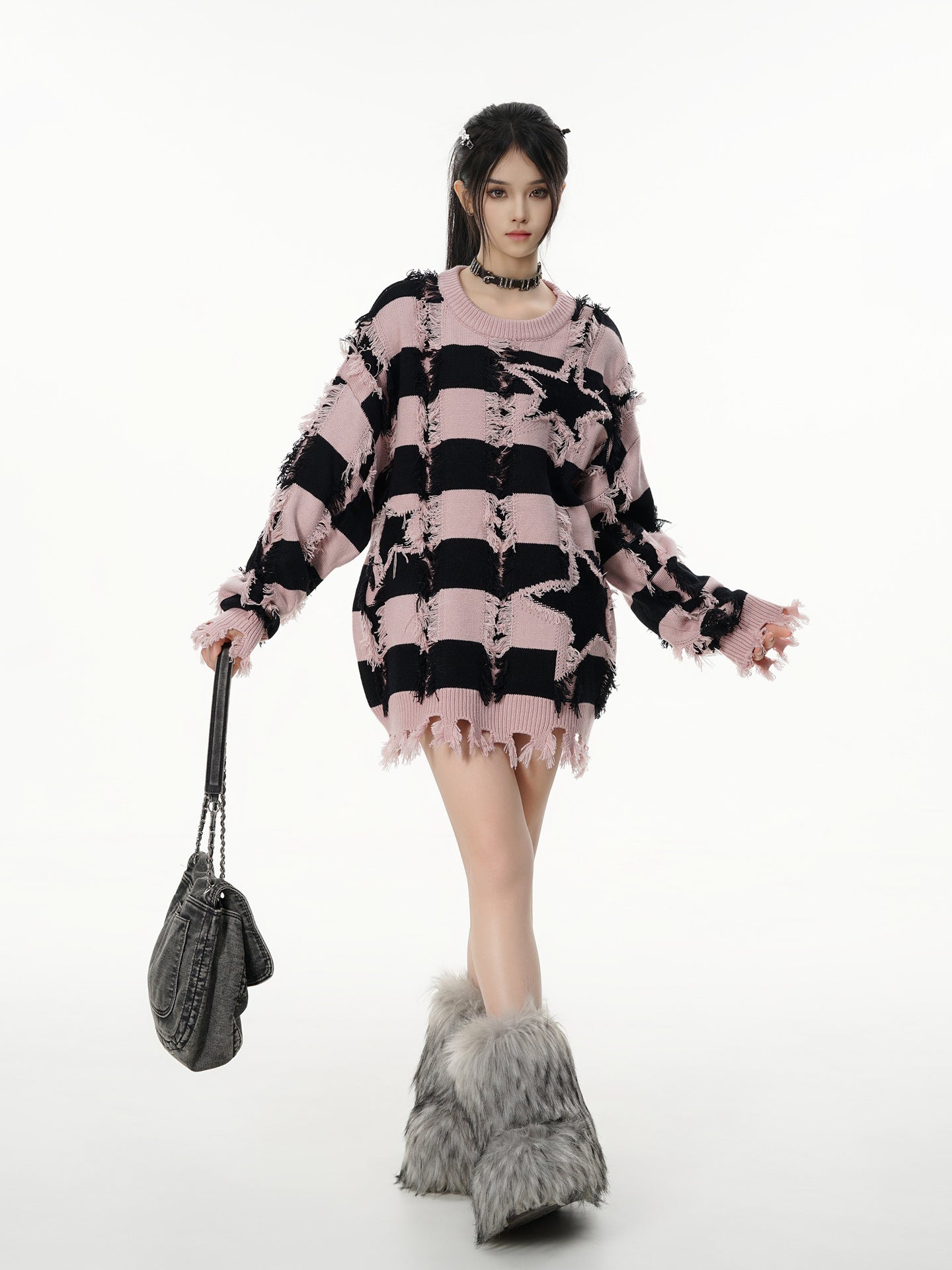 Pull oversize en maille rayée à étoiles délavée – Col rond à franges