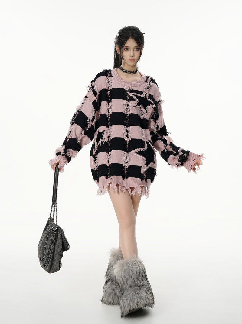 Pull oversize en maille rayée à étoiles délavée – Col rond à franges
