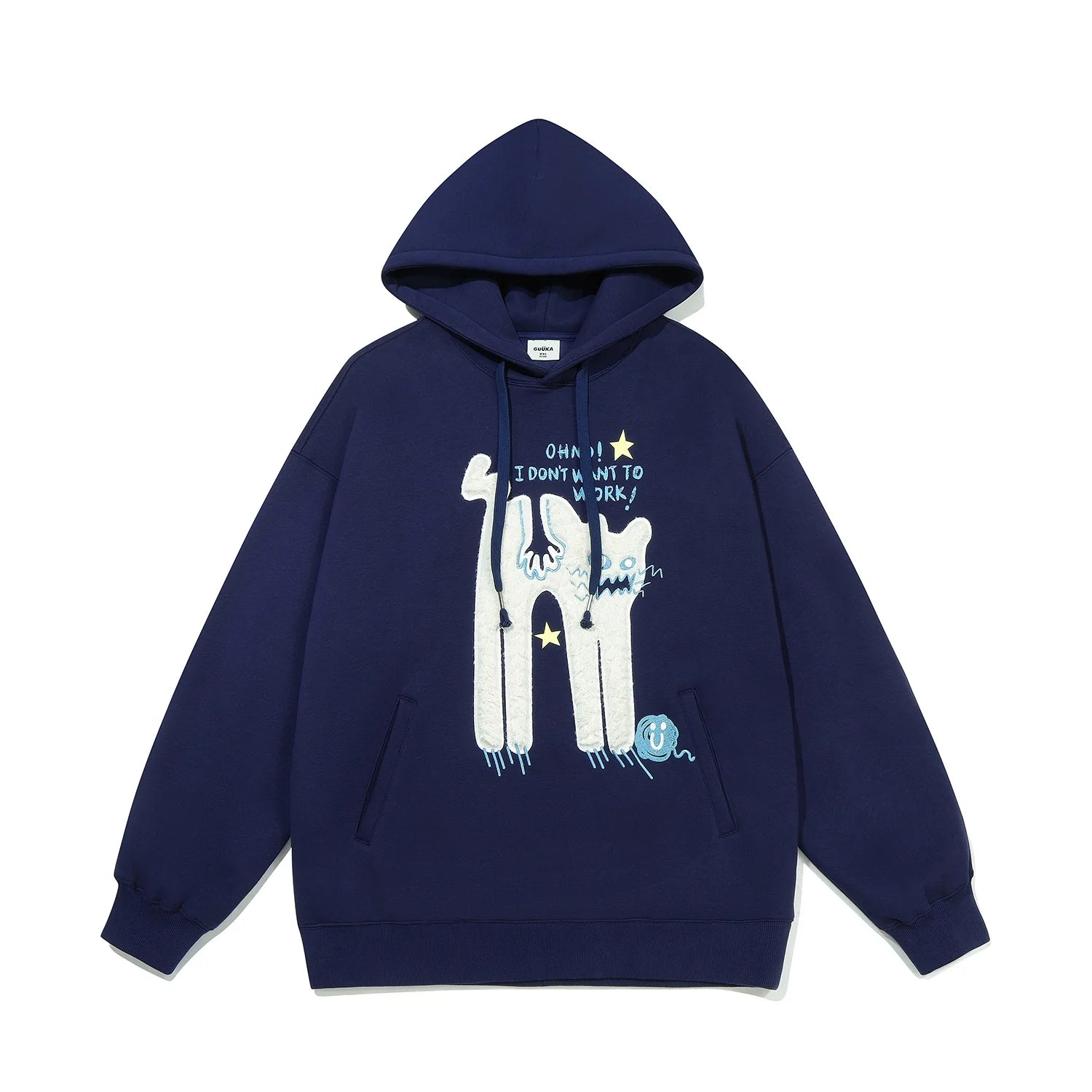 Seakoff's "Oh No! I Don’t Want to Work!" oversized hoodie features a Lazy Cat design in white and light blue with star accents on navy. This casual streetwear comes with long sleeves and a front pocket.