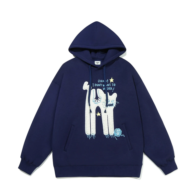 Seakoff's "Oh No! I Don’t Want to Work!" oversized hoodie features a Lazy Cat design in white and light blue with star accents on navy. This casual streetwear comes with long sleeves and a front pocket.