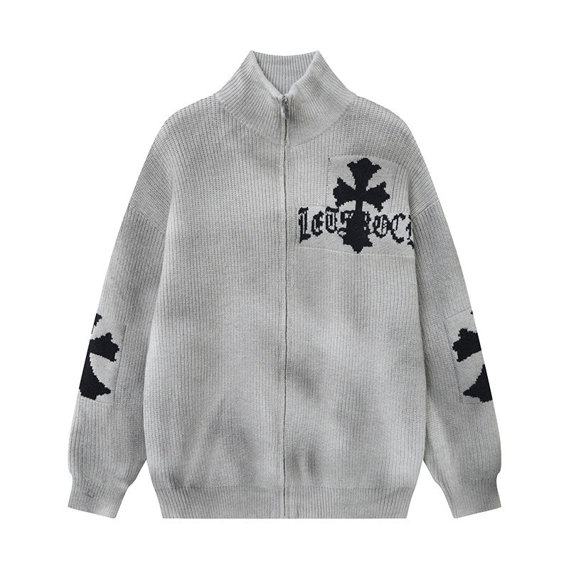 Veste-pull zippée en maille croisée gothique – Gilet oversize punk à col cheminée