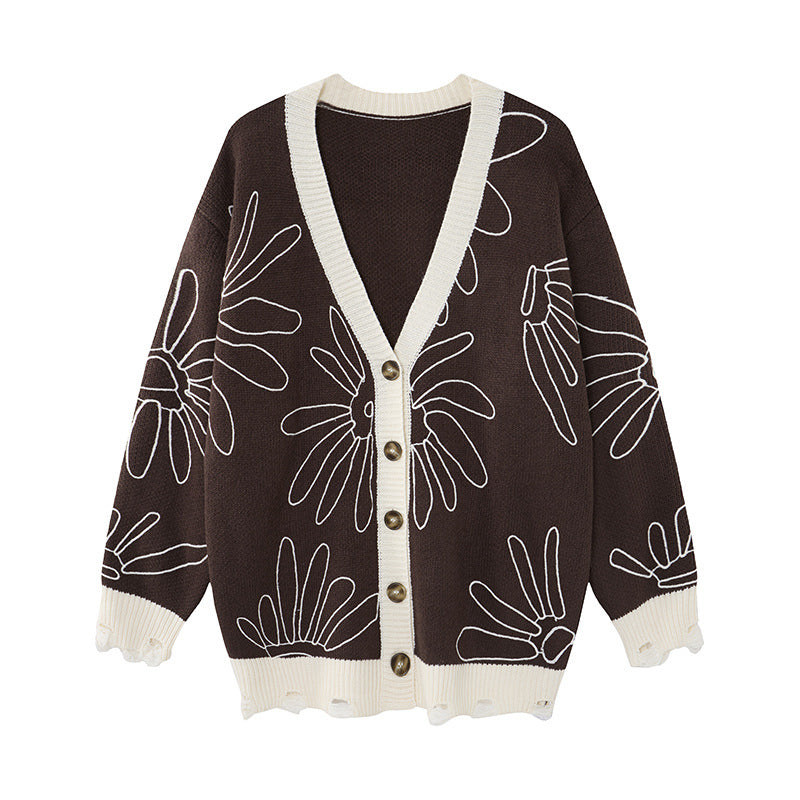 Herren-Strickcardigan mit Blumenstickerei und V-Ausschnitt – Relaxed Fit